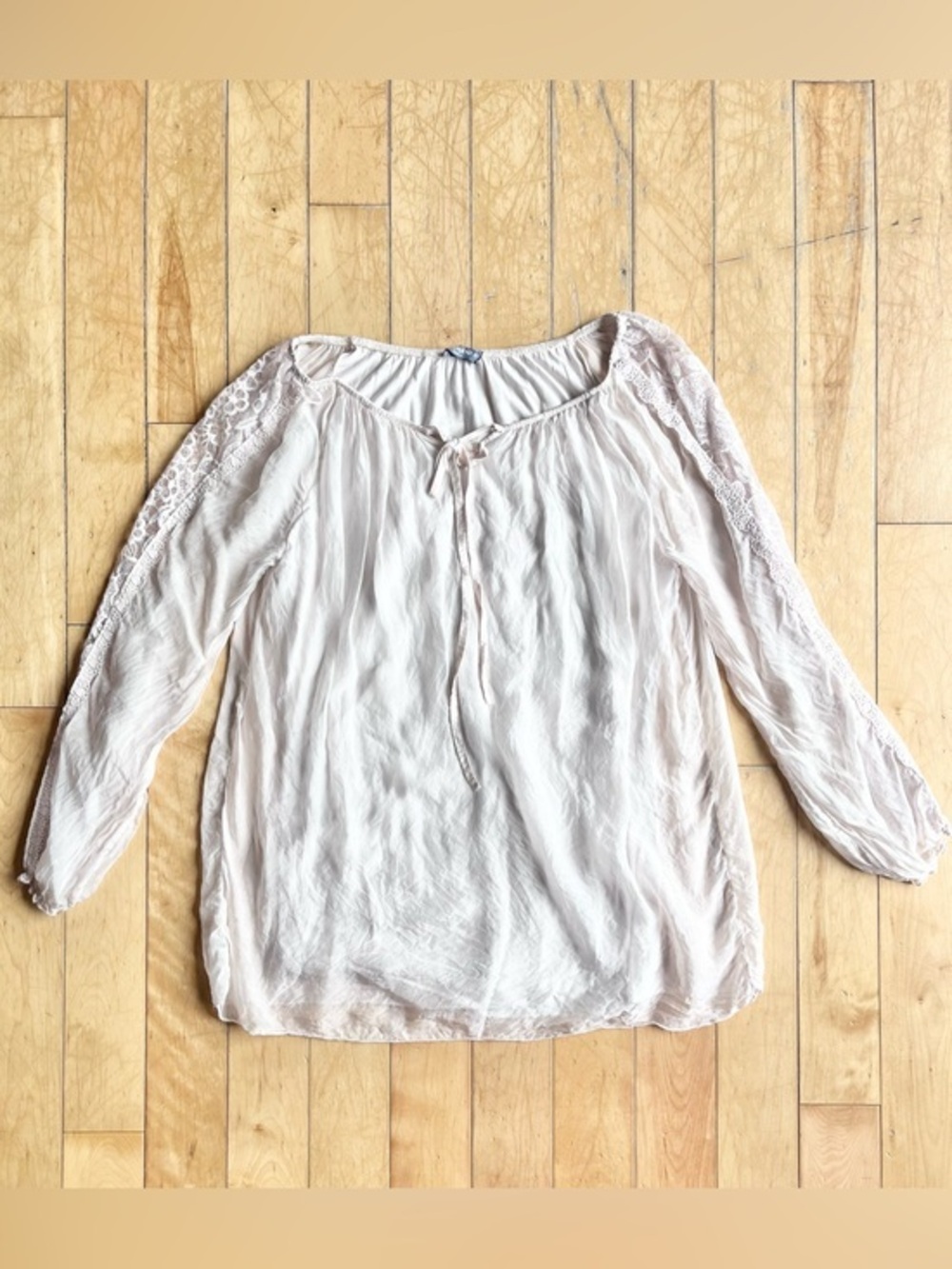 Giulia 100% Silk Boho Pink/Cream Peasant Blouse with Lace & Tie Neck Size Medium